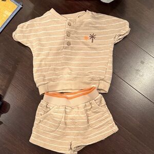 Beige Striped Kids Matching Set with Palm Embroidery